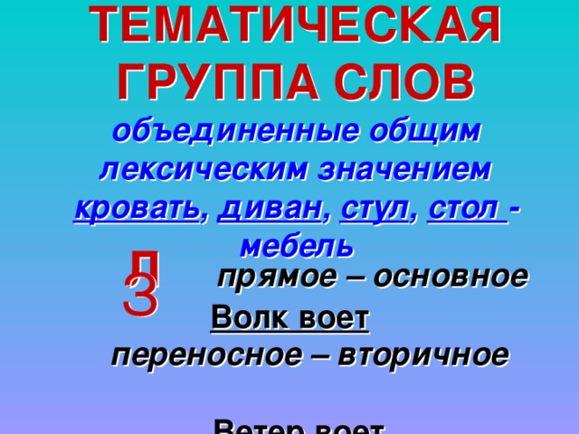 ТЕМАТИЧЕСКАЯ ГРУППА СЛОВ объединенные общим лексическим значением кровать , диван , стул , стол - мебель   Л  прямое – основное Волк воет  З   переносное – вторичное  Ветер воет