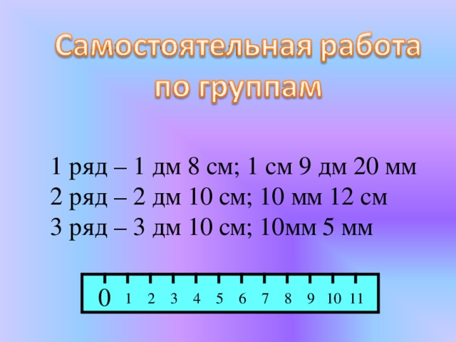 1 ряд – 1 дм 8 см; 1 см 9 дм 20 мм  2 ряд – 2 дм 10 см; 10 мм 12 см  3 ряд – 3 дм 10 см; 10мм 5 мм 0 11 9 8 7 6 5 4 3 2 1 10