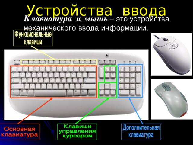 Устройства ввода Клавиатура   и мышь  – это устройства механического ввода информации.
