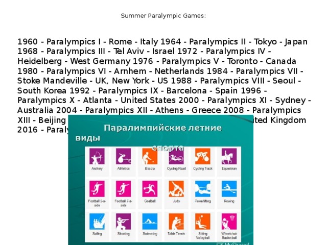 Summer Paralympic Games: 1960 - Paralympics I - Rome - Italy 1964 - Paralympics II - Tokyo - Japan 1968 - Paralympics III - Tel Aviv - Israel 1972 - Paralympics IV - Heidelberg - West Germany 1976 - Paralympics V - Toronto - Canada 1980 - Paralympics VI - Arnhem - Netherlands 1984 - Paralympics VII - Stoke Mandeville - UK, New York - US 1988 - Paralympics VIII - Seoul - South Korea 1992 - Paralympics IX - Barcelona - Spain 1996 - Paralympics X - Atlanta - United States 2000 - Paralympics XI - Sydney - Australia 2004 - Paralympics XII - Athens - Greece 2008 - Paralympics XIII - Beijing - China 2012 - Paralympics XIV - London - United Kingdom 2016 - Paralympics XV - Rio de Janeiro - Brazil -