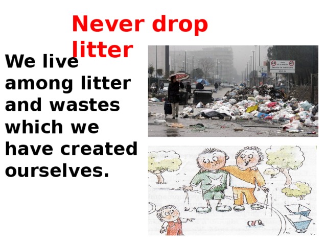 Never drop litter We live among litter and wastes which we have created ourselves.