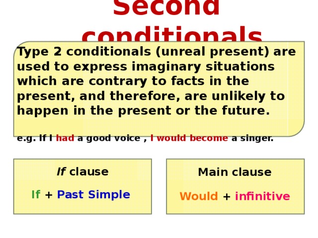 Second conditionals Type 2 conditionals (unreal present) are used to express imaginary situations which are contrary to facts in the present, and therefore, are unlikely to happen in the present or the future.  e.g. If I had a good voice , I would become a singer. If clause If + Past Simple  Main clause Would + infinitive