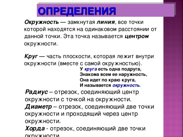 Окружность  ― замкнутая линия , все точки которой находятся на одинаковом расстоянии от данной точки. Эта точка называется центром окружности.   Круг  ― часть плоскости, которая лежит внутри окружности (вместе с самой окружностью).         У круга есть одна подруга,     Знакома всем ее наружность,     Она идет по краю круга,     И называется окружность .  Радиус – отрезок, соединяющий центр окружности с точкой на окружности. Диаметр – отрезок, соединяющий две точки окружности и проходящий через центр окружности. Хорда - отрезок, соединяющий две точки окружности.