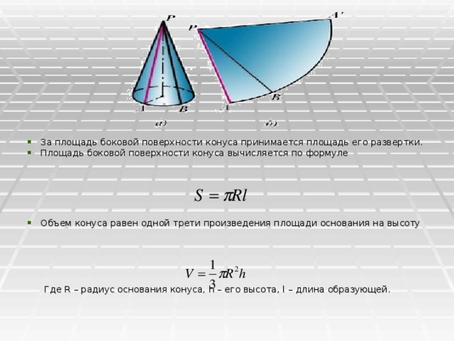 За площадь боковой поверхности конуса принимается площадь его развертки. Площадь боковой поверхности конуса вычисляется по формуле     Объем конуса равен одной трети произведения площади основания на высоту