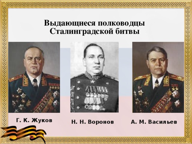 Выдающиеся полководцы Сталинградской битвы Г. К. Жуков А. М. Васильев Н. Н. Воронов