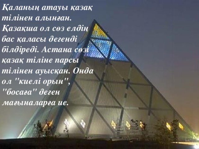 Қаланың атауы қазақ тілінен алынған. Қазақша ол сөз елдің бас қаласы дегенді білдіреді. Астана сөзі қазақ тіліне парсы тілінен ауысқан. Онда ол 