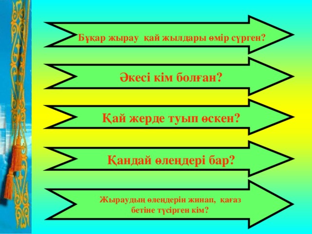 Бұқар жырау қай жылдары өмір сүрген?  Әкесі кім болған?  Қай жерде туып өскен?  Қандай өлеңдері бар?  Жыраудың өлеңдерін жинап, қағаз бетіне түсірген кім?