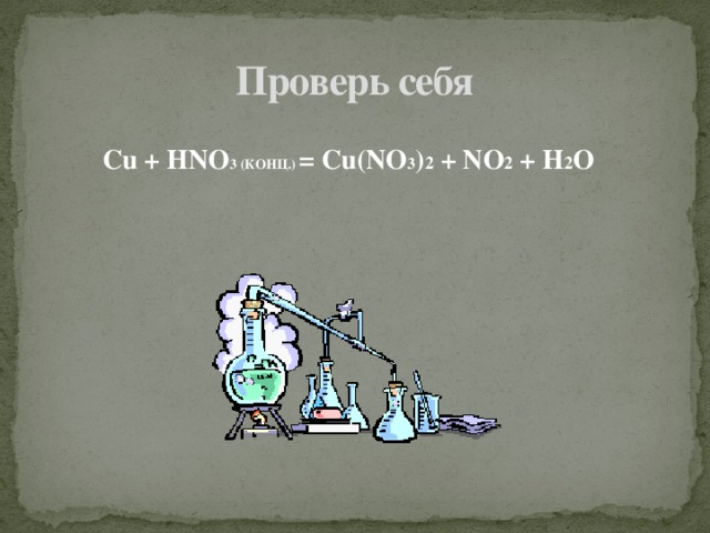 Проверь себя Cu + HNO 3 (КОНЦ.) = Сu(NO 3 ) 2  + NO 2 + H 2 O