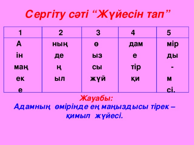 Сергіту сәті “Жүйесін тап”  1  2  А  ін  маң  ек  е  3  ның  де  ң  ыл   4  ө  ыз  сы  жүй  5  дам  е  тір  қи  мір  ды  -  м  сі. Адамның өмірінде ең маңыздысы тірек – қимыл жүйесі.     Жауабы: