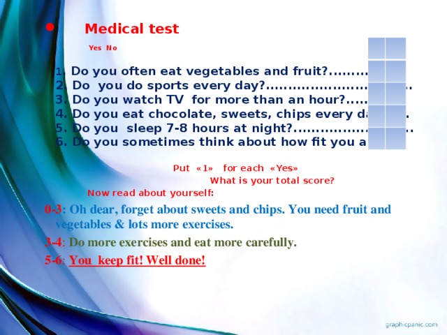Medical test Yes No   1 . Do you often eat vegetables and fruit?.................  2. Do you do sports every day?.................................  3. Do you watch TV for more than an hour?.............  4. Do you eat chocolate, sweets, chips every day?.....  5. Do you sleep 7-8 hours at night?...........................  6. Do you sometimes think about how fit you are? …  Put «1» for each «Yes»  What is your total score?  Now read about yourself: 0-3 : Oh dear, forget about sweets and chips. You need fruit and vegetables & lots more exercises. 3-4 :  Do more exercises and eat more carefully. 5-6 :  You keep fit! Well done!