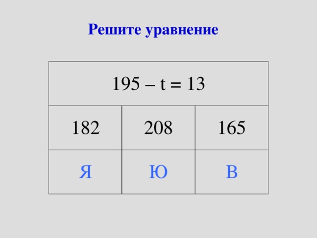 Решите уравнение 195 – t = 13 182 208 Я Ю 165 В