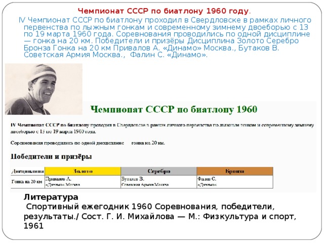 Чемпионат СССР по биатлону 1960 году .  IV Чемпионат СССР по биатлону проходил в Свердловске в рамках личного первенства по лыжным гонкам и современному зимнему двоеборью с 13 по 19 марта 1960 года. Соревнования проводились по одной дисциплине — гонка на 20 км. Победители и призёры Дисциплина Золото Серебро Бронза Гонка на 20 км Привалов А. «Динамо» Москва., Бутаков В. Советская Армия Москва., Фалин С. «Динамо». Литература  Спортивный ежегодник 1960 Соревнования, победители, результаты./ Сост. Г. И. Михайлова — М.: Физкультура и спорт, 1961  