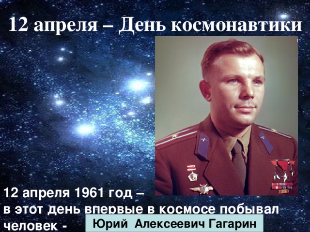 12 апреля – День космонавтики 12 апреля 1961 год – в этот день впервые в космосе побывал человек -  Юрий Алексеевич Гагарин