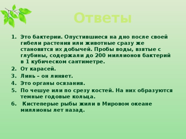 Ответы Это бактерии. Опустившиеся на дно после своей гибели растения или животные сразу же становятся их добычей. Пробы воды, взятые с глубины, содержали до 200 миллионов бактерий в 1 кубическом сантиметре. От карасей. Линь – он линяет. Это органы осязания. По чешуе или по срезу костей. На них образуются темные годовые кольца.  Кистеперые рыбы жили в Мировом океане миллионы лет назад.