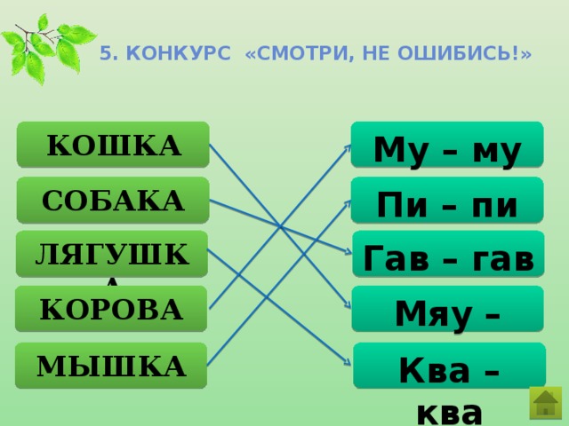 5. Конкурс «смотри, не ошибись!» Му – му КОШКА Пи – пи СОБАКА Гав – гав ЛЯГУШКА КОРОВА Мяу – мяу МЫШКА Ква – ква