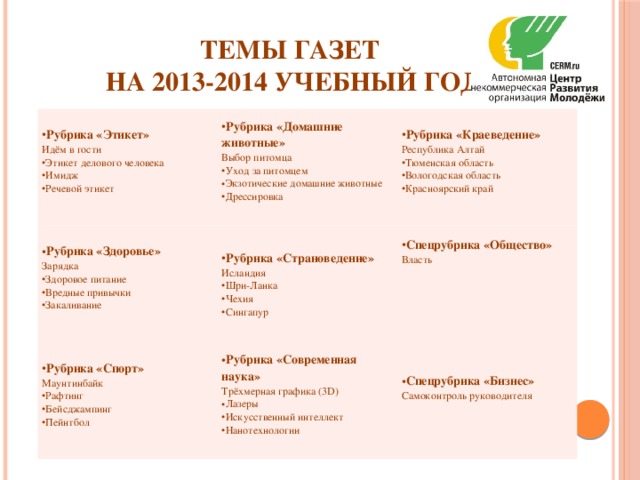 Темы газет  на 2013-2014 учебный год