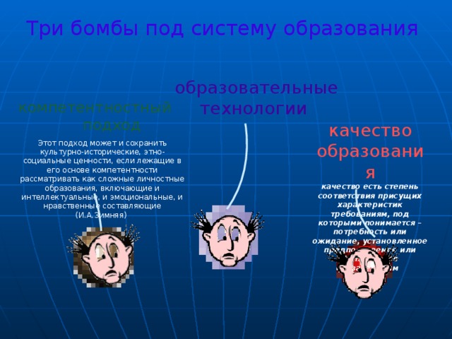 Три бомбы под систему образования образовательные технологии компетентностный подход Этот подход может и сохранить культурно-исторические, этно-социальные ценности, если лежащие в его основе компетентности рассматривать как сложные личностные образования, включающие и интеллектуальные, и эмоциональные, и нравственные составляющие (И.А.Зимняя) качество образования качество есть степень соответствия присущих характеристик требованиям, под которыми понимается – потребность или ожидание, установленное предполагаемое или являющееся обязательным