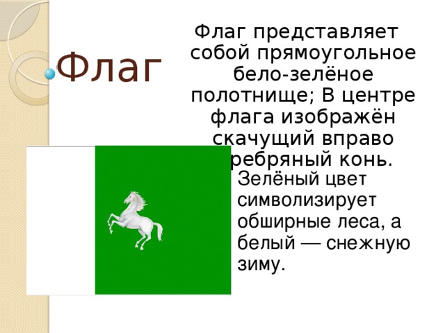 Флаг представляет собой прямоугольное бело-зелёное полотнище; В центре флага изображён скачущий вправо серебряный конь. Флаг Зелёный цвет символизирует обширные леса, а белый — снежную зиму.