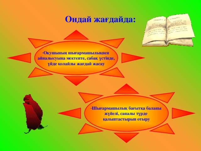 Ондай жағдайда: Оқушының шығармашылықпен айналысуына мектепте, сабақ үстінде, үйде қолайлы жағдай жасау Шығармашылық бағытқа баланы жүйелі, саналы түрде қалыптастырып отыру