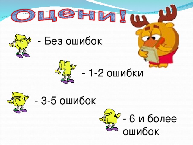 - Без ошибок - 1-2 ошибки - 3-5 ошибок - 6 и более ошибок