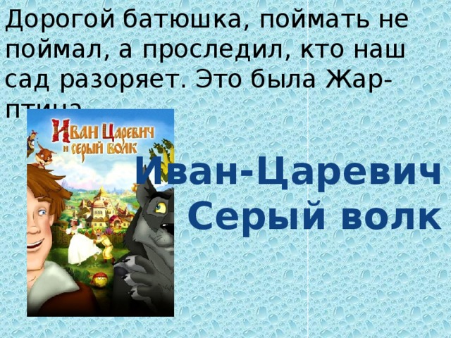 Дорогой батюшка, поймать не поймал, а проследил, кто наш сад разоряет. Это была Жар-птица. Иван-Царевич и Серый волк