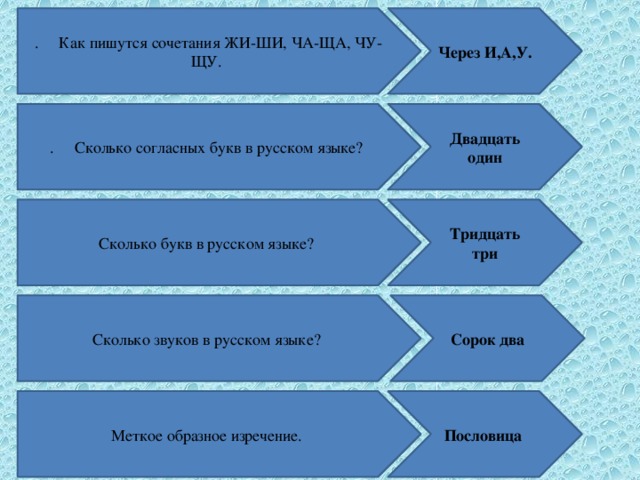 . Как пишутся сочетания ЖИ-ШИ, ЧА-ЩА, ЧУ-ЩУ. Через И,А,У.  . Сколько согласных букв в русском языке? Двадцать один Сколько букв в русском языке? Тридцать три Сколько звуков в русском языке? Сорок два Меткое образное изречение. Пословица