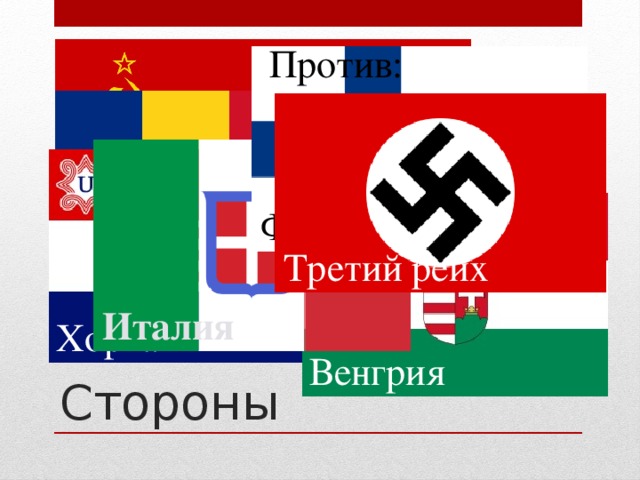 Против: СССР Финляндия Румыния Третий рейх Италия Стороны Хорватия Стороны Венгрия