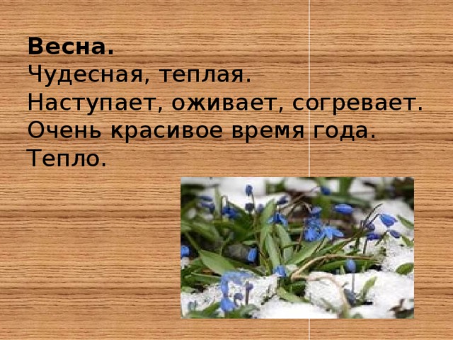 Весна.  Чудесная, теплая.  Наступает, оживает, согревает.  Очень красивое время года.  Тепло.