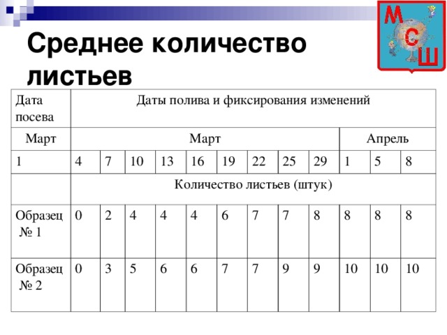 Среднее количество  листьев Дата посева Даты полива и фиксирования изменений Март Март 1 4 Количество листьев (штук) 7 Образец № 1 0 10 Образец № 2 0 13 2 16 4 3 5 19 4 22 4 6 6 25 6 7 29 Апрель 7 7 7 1 8 5 9 8 8 9 8 10 8 10 10