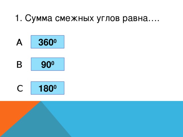 1. Сумма смежных углов равна…. 360 0 A 90 0 B C 180 0