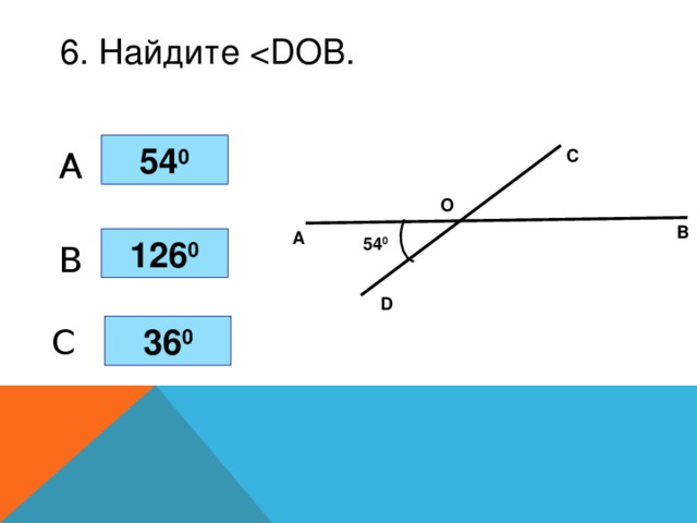 6. Найдите 54 0 A С О В А 54 0 126 0 B D 36 0 C