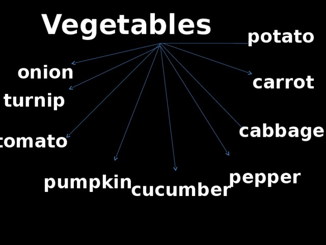 Vegetables potato onion carrot turnip cabbage tomato pepper pumpkin cucumber