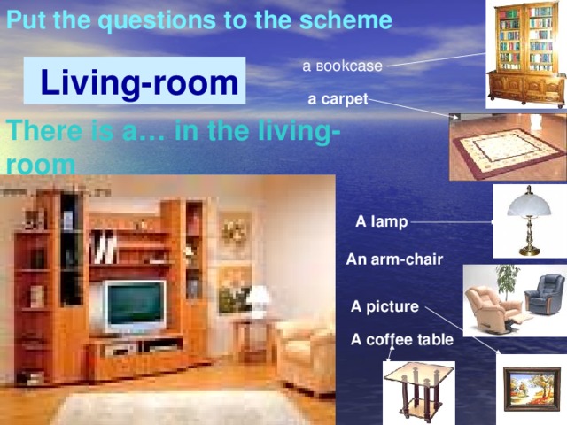 Put the questions to the scheme :  а в ookcase  Living-room a carpet There is a… in the living-room A lamp An arm-chair A picture A coffee table