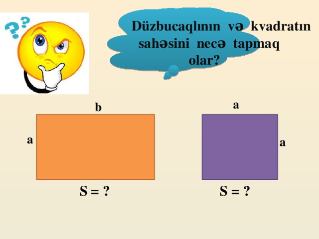 Düzbucaqlının və kvadratın  sahəsini necə tapmaq  olar?  a b a a  S = ? S = ?