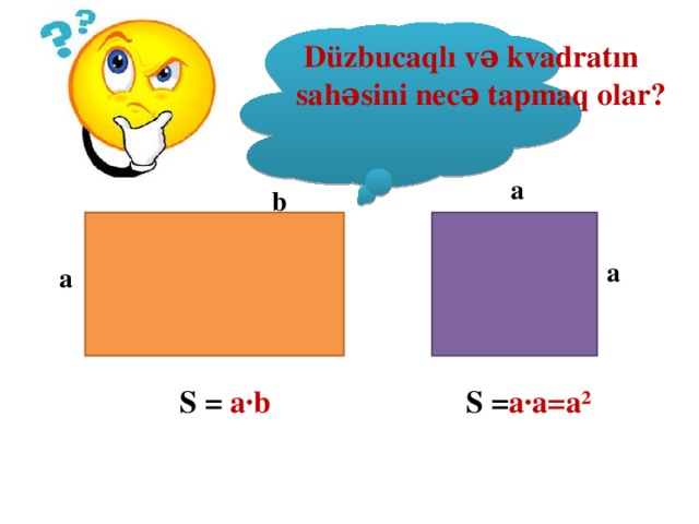 Düzbucaqlı və kvadratın  sahəsini necə tapmaq olar?  a  b a a  S = a∙b S = a∙a=a²