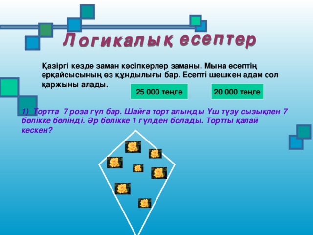 Қазіргі кезде заман кәсіпкерлер заманы. Мына есептің әрқайсысының өз құндылығы бар. Есепті шешкен адам сол қаржыны алады. 25 000 теңге 20 000 теңге 1) Тортта 7 роза гүл бар. Шайға торт алынды Үш түзу сызықпен 7 бөлікке бөлінді. Әр бөлікке 1 гүлден болады. Тортты қалай кескен?