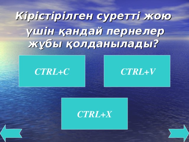 Кірістірілген суретті жою үшін қандай пернелер жұбы қолданылады? CTRL+C  CTRL+V С TRL +X