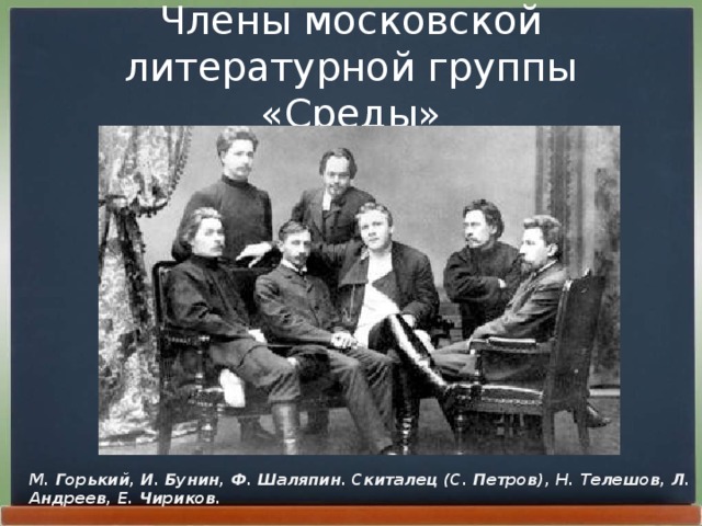 Члены московской литературной группы «Среды» М. Горький, И. Бунин, Ф. Шаляпин. Скиталец (С. Петров), Н. Телешов, Л. Андреев, Е. Чириков.