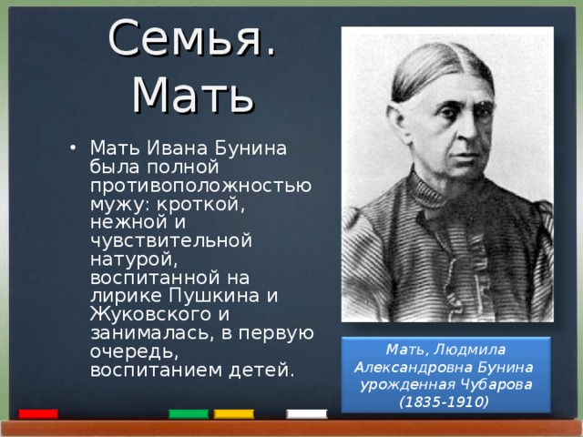 Семья. Мать  Мать Ивана Бунина была полной противоположностью мужу: кроткой, нежной и чувствительной натурой, воспитанной на лирике Пушкина и Жуковского и занималась, в первую очередь, воспитанием детей.  Мать, Людмила Александровна Бунина  урожденная Чубарова (1835-1910)