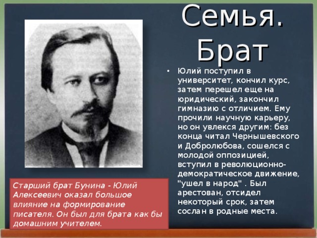 Семья. Брат Юлий поступил в университет, кончил курс, затем перешел еще на юридический, закончил гимназию с отличием. Ему прочили научную карьеру, но он увлекся другим: без конца читал Чернышевского и Добролюбова, сошелся с молодой оппозицией, вступил в революционно-демократическое движение, 