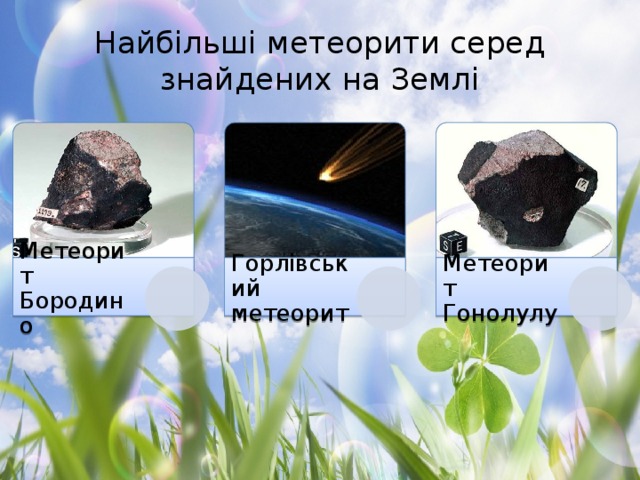 Найбільші метеорити серед знайдених на Землі Метеорит Бородино Горлівський метеорит Метеорит Гонолулу