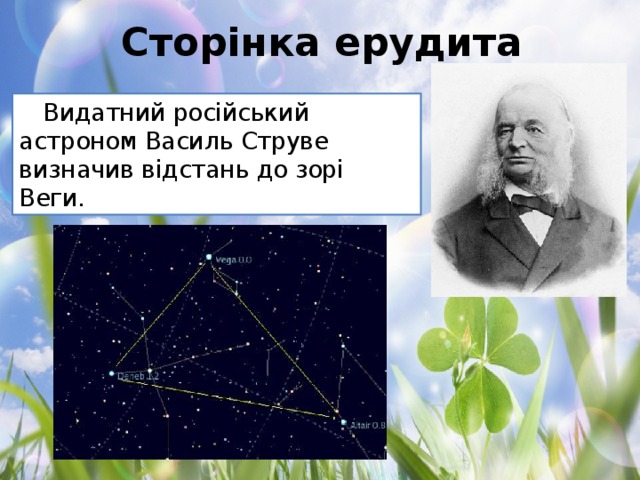 Сторінка ерудита Видатний російський астроном Василь Струве визначив відстань до зорі Веги.