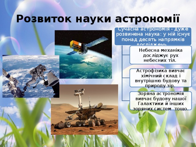 Розвиток науки астрономії Сучасна астрономія - дуже розвинена наука: у ній існує понад десять напрямків досліджень. Небесна механіка досліджує рух небесних тіл. Астрофізика вивчає хімічний склад і внутрішню будову та природу зір. Зоряна астрономія вивчає будову нашої Галактики й інших зоряних систем тощо.