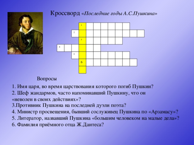 Кроссворд « Последние годы А.С.Пушкина » 1 2 3 4 5 6 Вопросы 1. Имя царя, во время царствования которого погиб Пушкин?  2. Шеф жандармов, часто напоминавший Пушкину, что он «неволен в своих действиях»? 3.Противник Пушкина на последней дуэли поэта? 4. Министр просвещения, бывший сослуживец Пушкина по «Арзамасу»? 5. Литератор, назвавший Пушкина «большим человеком на малые дела»? 6. Фамилия приёмного отца Ж.Дантеса?