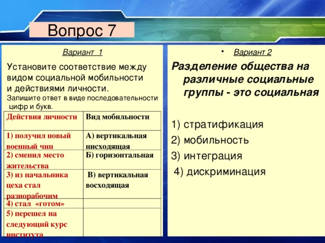 Вопрос 7 Вариант 1 Вариант 2 Разделение общества на различные социальные группы - это социальная 1) стратификация 2) мобильность 3) интеграция  4) дискриминация Установите соответствие между видом социальной мобильности и действиями личности. Запишите ответ в виде последовательности  цифр и букв. Действия личности 1) получил новый военный чин Вид мобильности 2) сменил место жительства А) вертикальная нисходящая Б) горизонтальная 3) из начальника цеха стал разнорабочим 4) стал «готом»   В) вертикальная восходящая 5) перешел на следующий курс института    