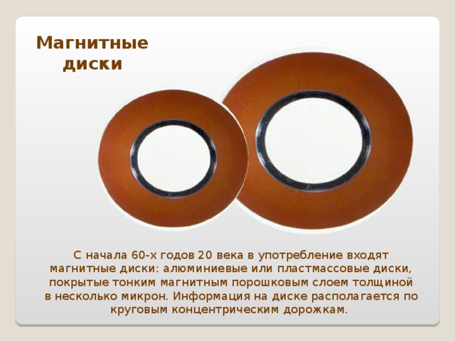 Магнитные диски С начала 60-х годов 20 века в употребление входят магнитные диски: алюминиевые или пластмассовые диски, покрытые тонким магнитным порошковым слоем толщиной в несколько микрон. Информация на диске располагается по круговым концентрическим дорожкам.