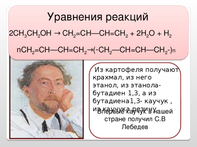 Уравнения реакций 2CH 3 CH 2 OH → CH 2 =CH—CH=CH 2 + 2H 2 O + H 2  nCH 2 =CH—CH=CH 2 →( - CH 2 —CH=CH—CH 2 -) n    Из картофеля получают крахмал, из него этанол, из этанола-бутадиен 1,3, а из бутадиена1,3- каучук , из каучука резину. Впервые каучук в нашей стране получил С.В Лебедев