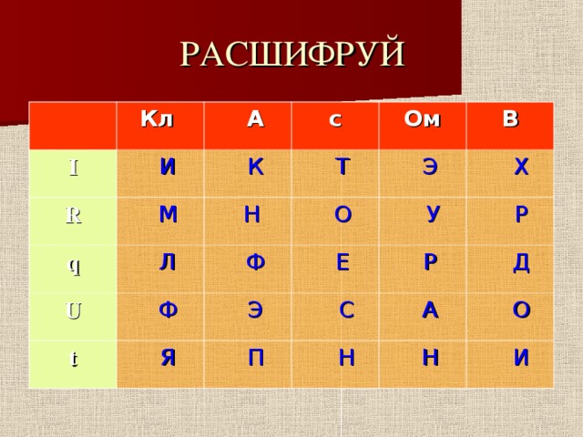 РАСШИФРУЙ  Кл  I  И  A R  М q с  К  Л  Т U Ом  Н  Э В  О  Ф t  Ф  Х  Е  Я  Э  У  П  Р  С  Р  Д  Н  А  О  Н  И