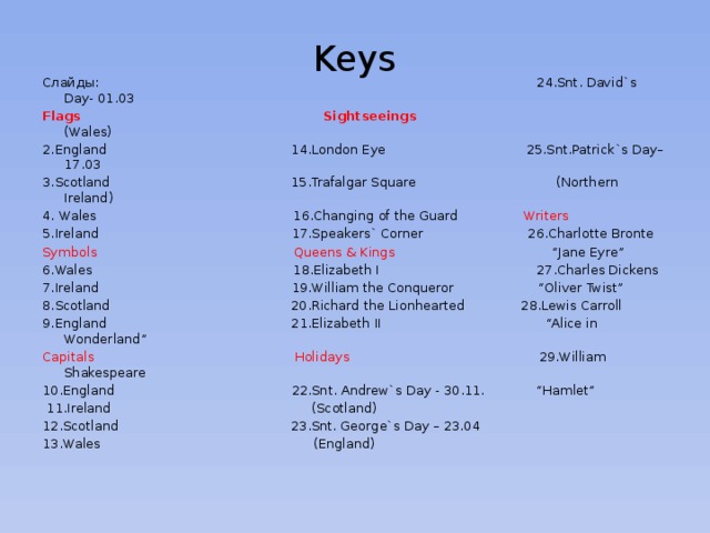 Keys Cлайды: 24.Snt. David`s Day- 01.03 Flags Sightseeings (Wales) 2.England 14.London Eye 25.Snt.Patrick`s Day–17.03 3.Scotland 15.Trafalgar Square (Northern Ireland) 4. Wales 16.Changing of the Guard Writers 5.Ireland 17.Speakers` Corner 26.Charlotte Bronte Symbols Queens & Kings “Jane Eyre” 6.Wales 18.Elizabeth I 27.Charles Dickens 7.Ireland 19.William the Conqueror “Oliver Twist” 8.Scotland 20.Richard the Lionhearted 28.Lewis Carroll 9.England 21.Elizabeth II “Alice in Wonderland” Capitals Holidays 29.William Shakespeare 10.England 22.Snt. Andrew`s Day - 30.11. “Hamlet”  11.Ireland (Scotland) 12.Scotland 23.Snt. George`s Day – 23.04 13.Wales (England)