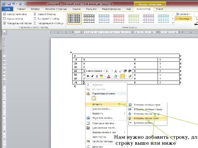 Нам нужно добавить строку, для этого выбираем вставить,  строку выше или ниже